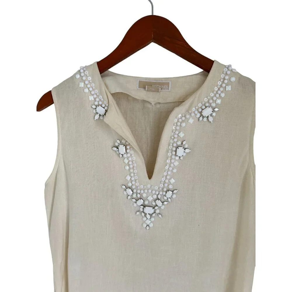 MICHAEL KORS 100% Linen Tunic Beaded Off-White Sleeveless Size 4